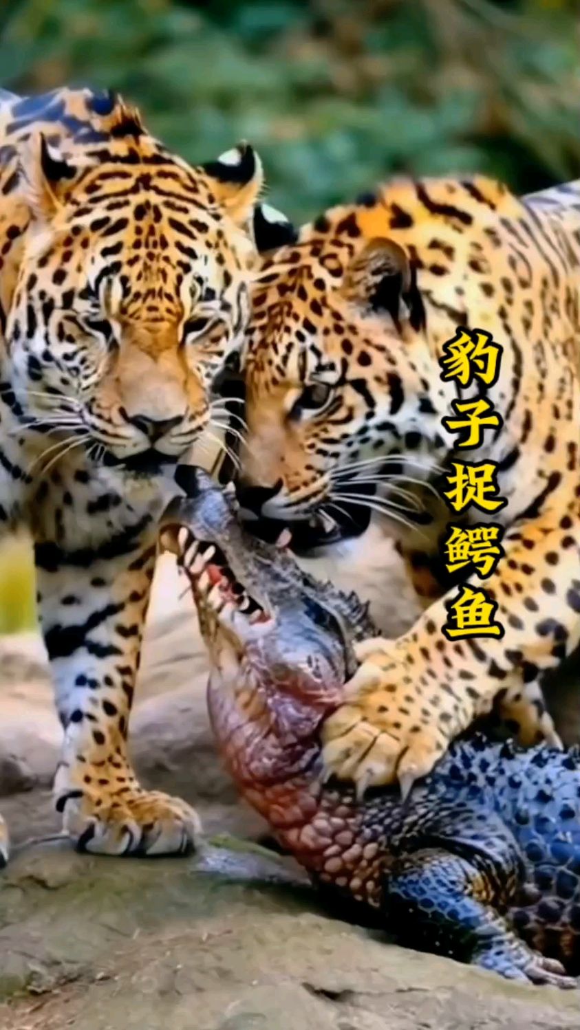 鳄鱼被两只豹子捉住,也只能认栽了
