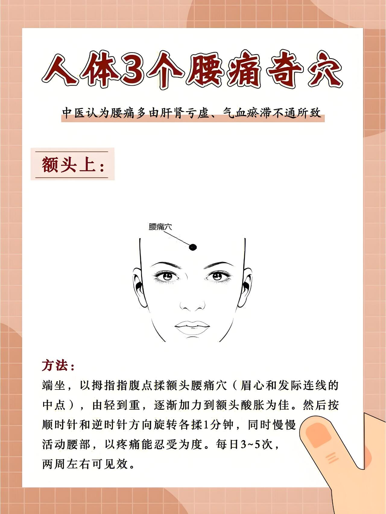 手背上 位置:腰痛穴位于双手背侧,二,三掌骨与四,五掌骨之间,由掌指