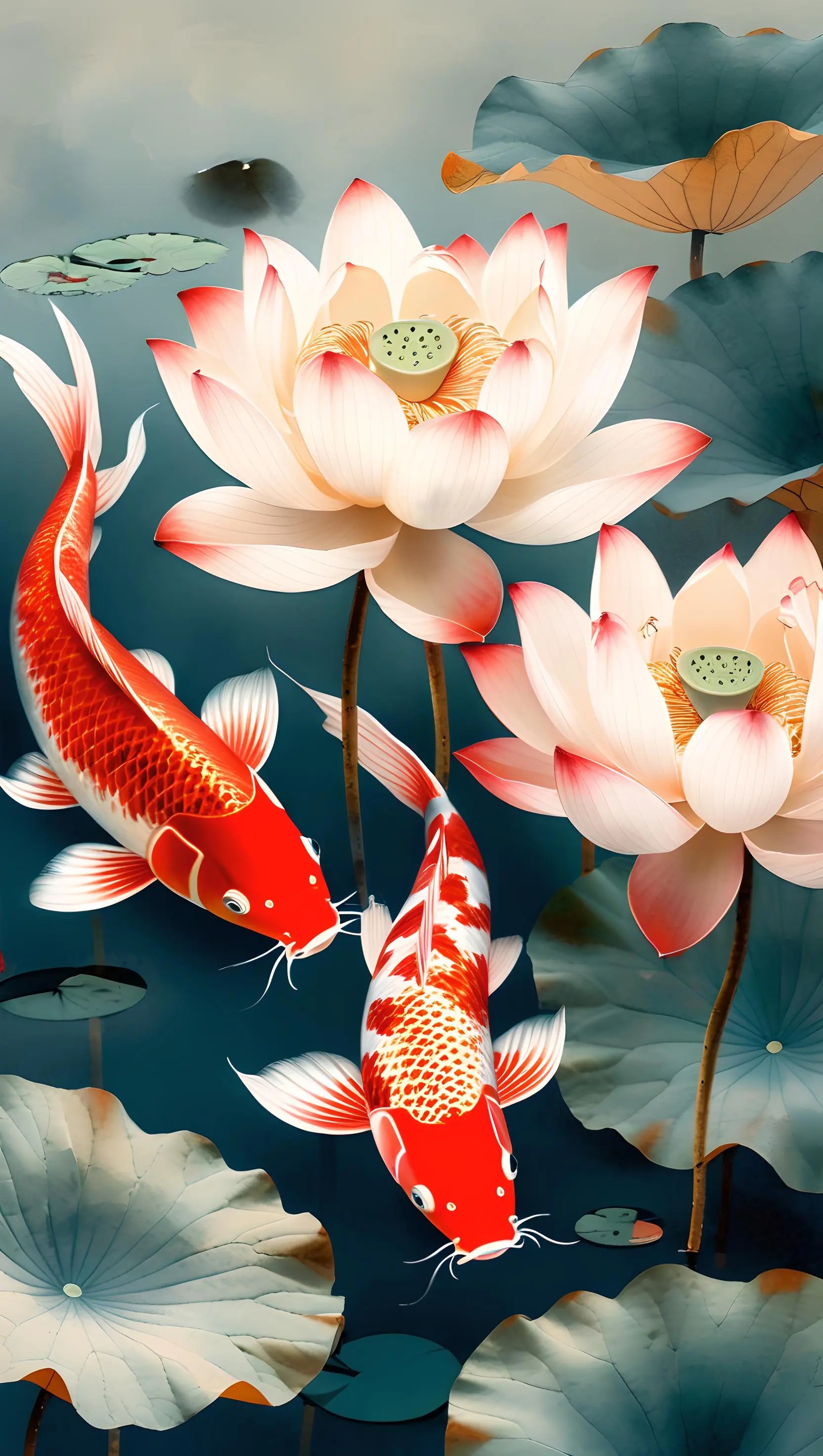 美丽的锦鲤荷花图