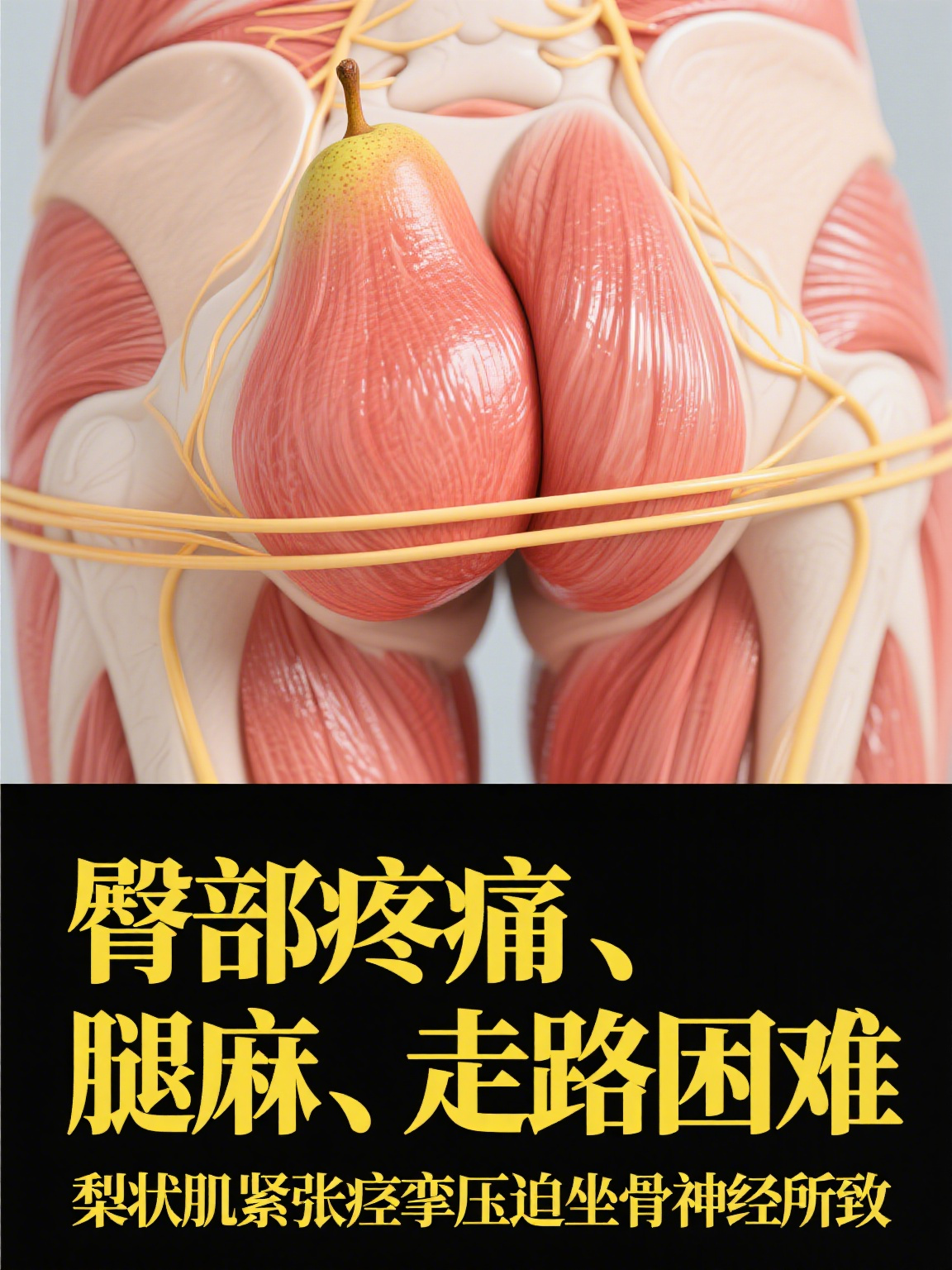 梨状肌  梨状肌是臀部深层的一块小肌肉,形状像梨,藏在臀大肌下方