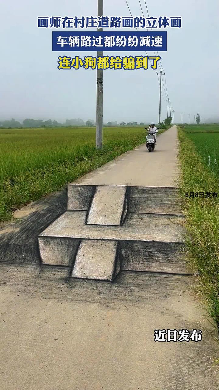 画师在村庄道路画的立体画,车辆路过都纷纷减速