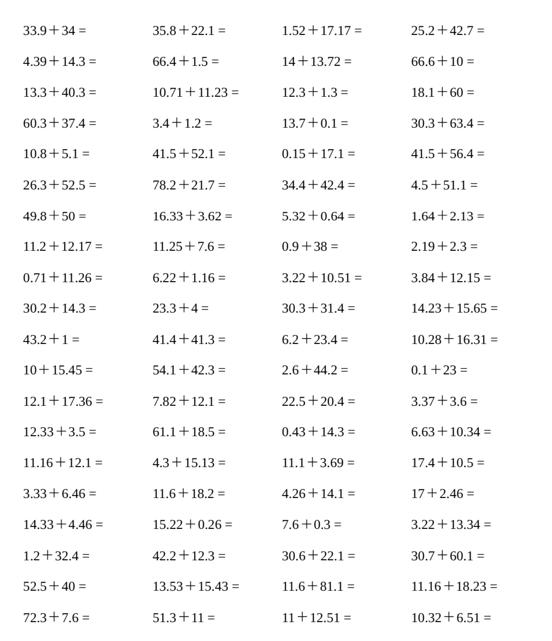 小学四年级下册小数的加法