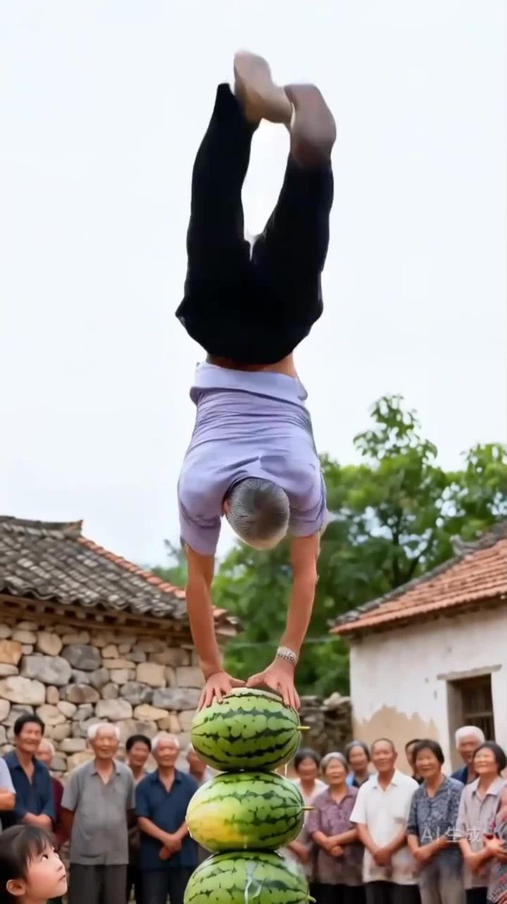 农村大爷在表演踩西瓜上空翻杂技