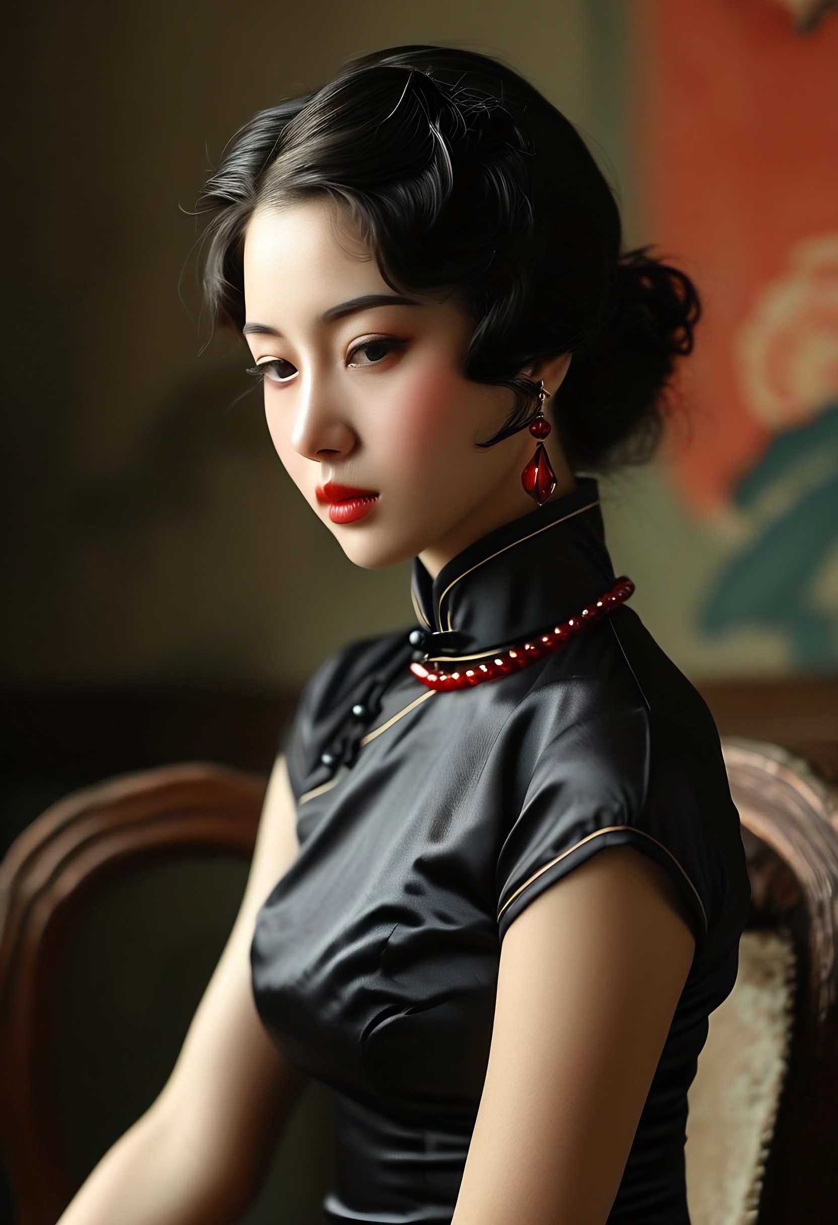 女子穿身着黑色旗袍,领口与袖口的精致花纹,似绽于岁月的幽花