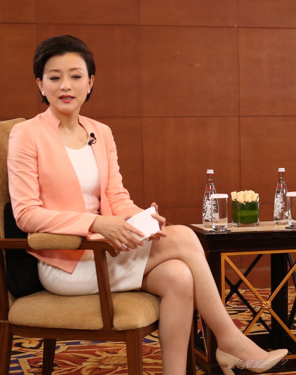 杨澜优雅地侧身采访拉加德,肉色丝袜衬托她独特魅力,瞬间吸引众人目光