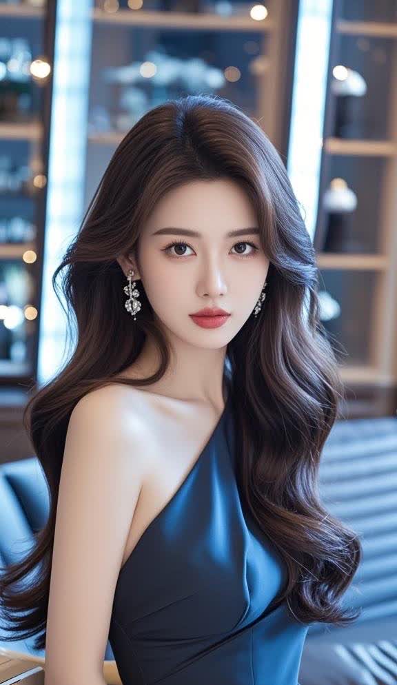 镜头前,女子魅力尽显.长卷发自然垂落,眼眸明亮有神