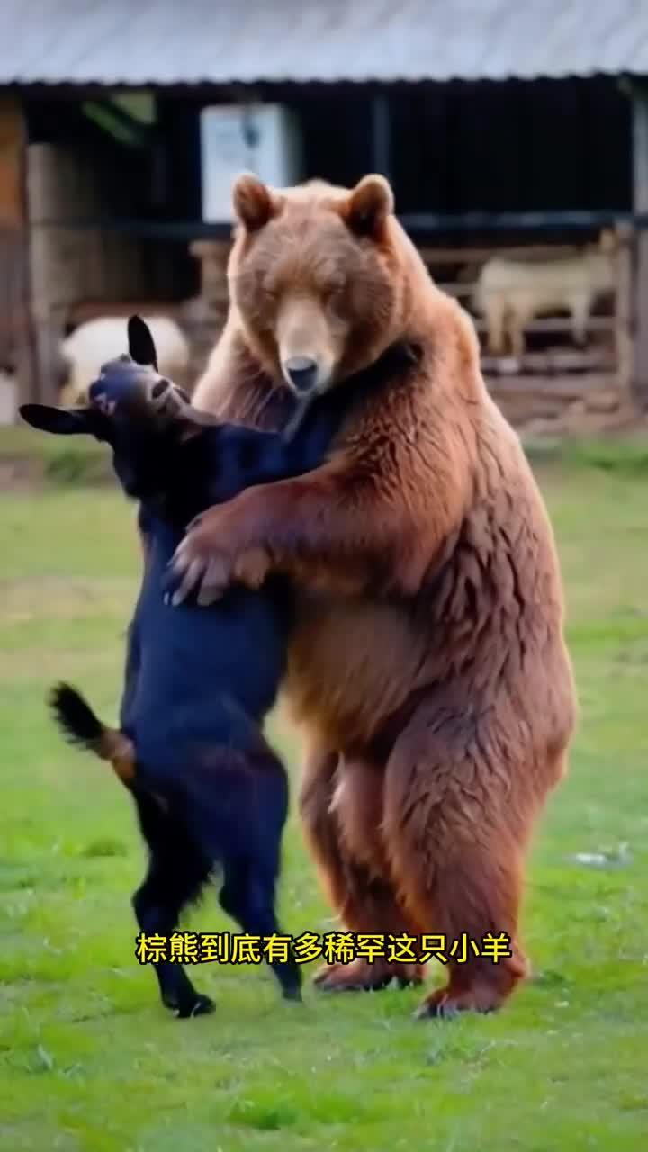 棕熊抱小羊的瞬间,太暖心了!