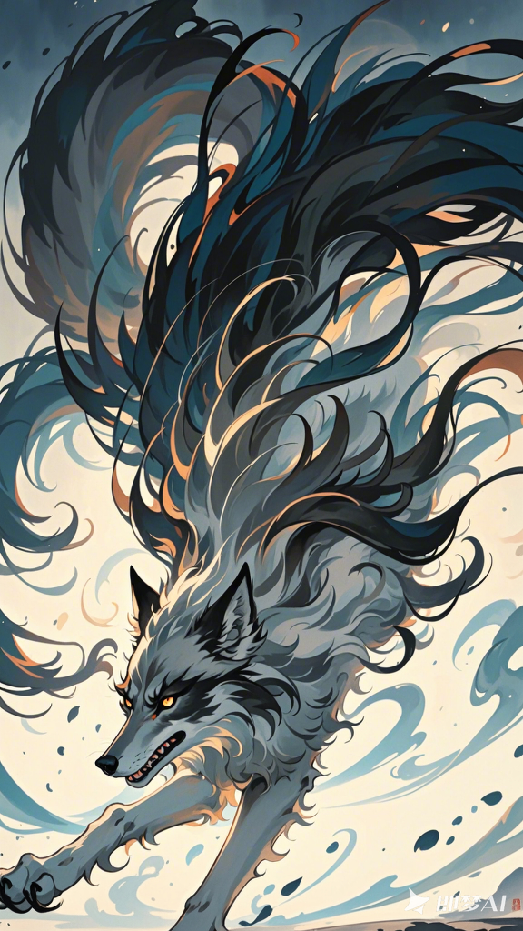 水墨写意狼妖凶狠冷血孤傲ai绘画手机壁纸