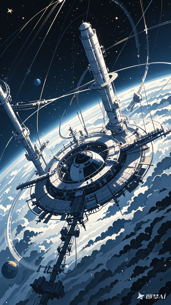 水墨飞船插画外太空科幻图ai绘画手机壁纸