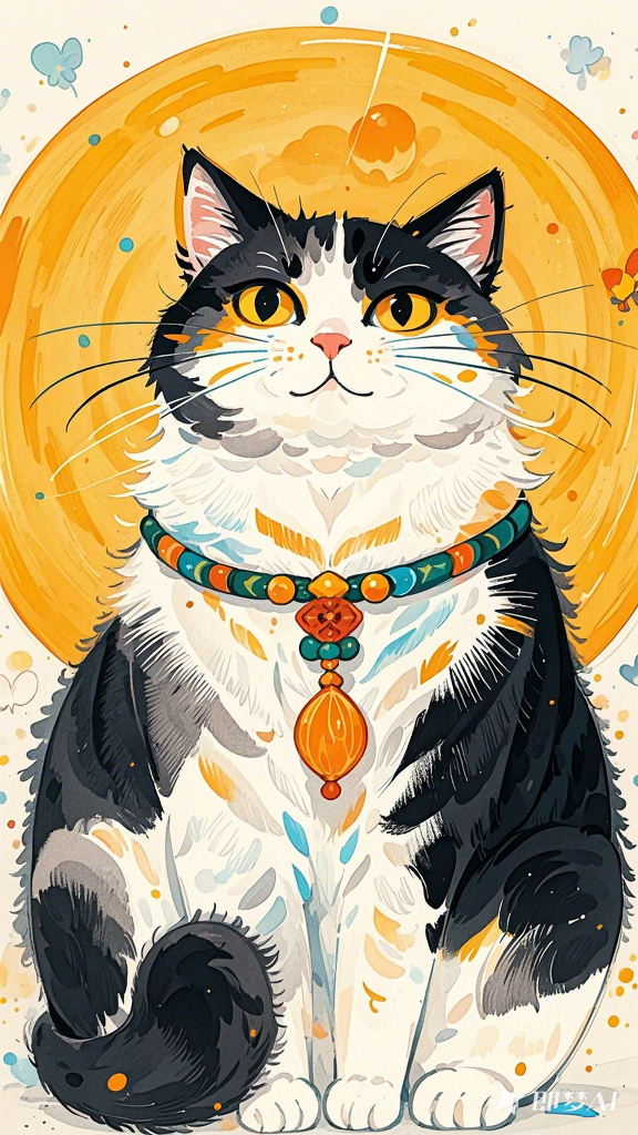 气场强大肥猫水墨彩绘插画ai绘画手机壁纸