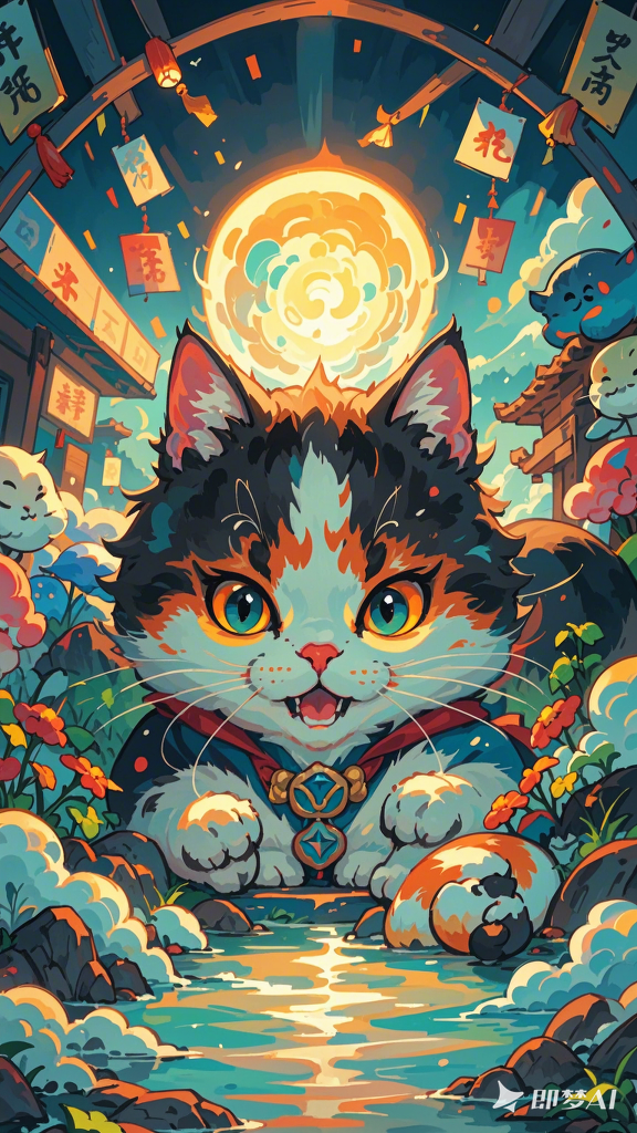 压迫感大猫来袭猫妖插画ai绘画手机壁纸