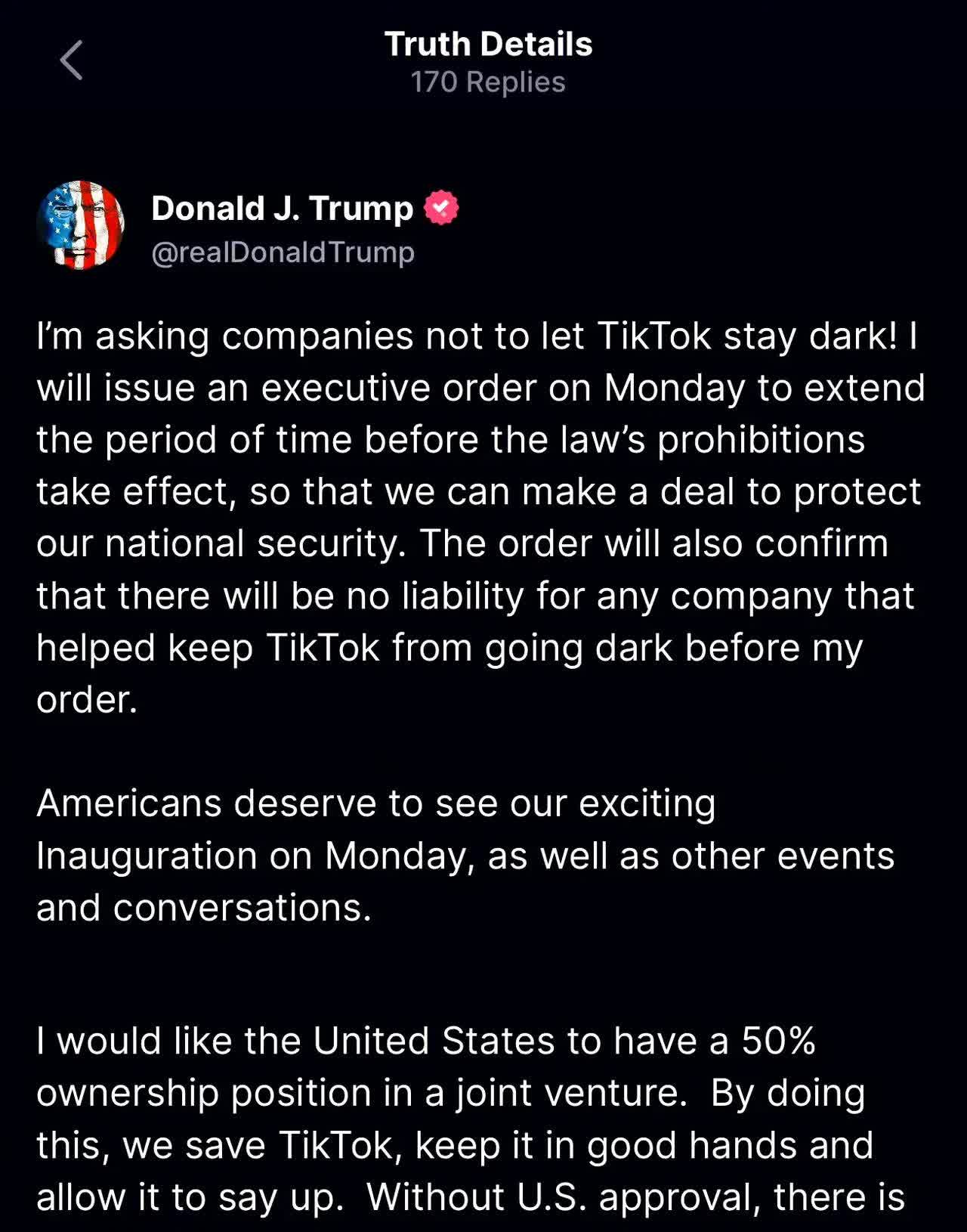 川普说周一发布行政命令延长 tiktok 法律禁令生效前的期限
