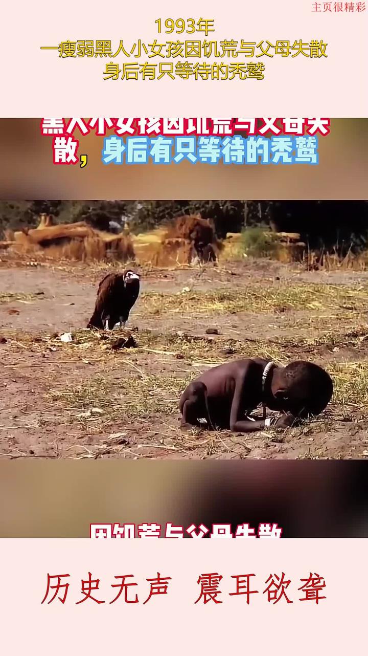 1993年,一瘦弱黑人小女孩因饥荒与父母失散,身后有只等待的秃鹫
