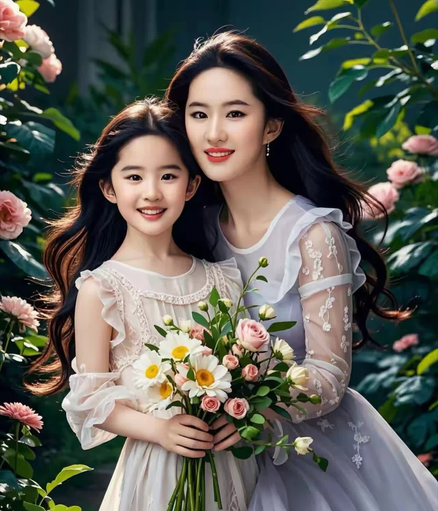 刘亦菲和女儿在花海中漫步的画面真是令人心醉