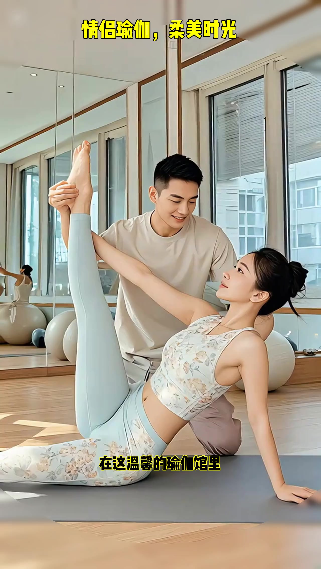 情侣瑜伽甜蜜时光,默契配合展现柔美与力量