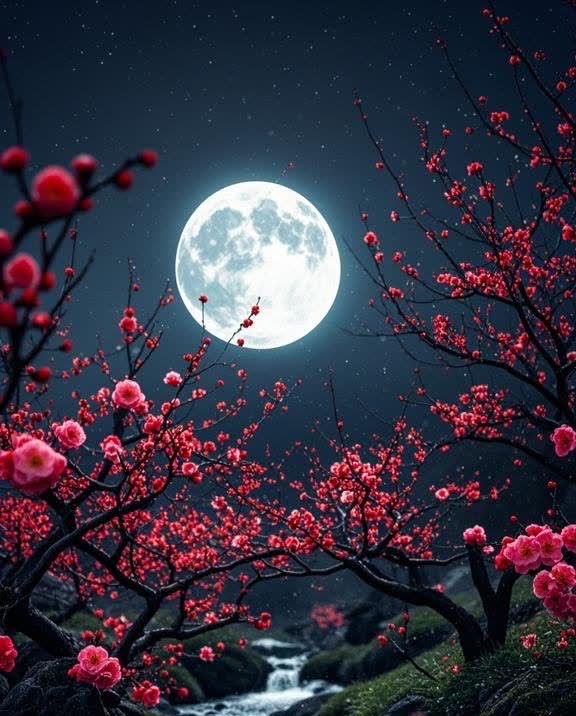 清冷的夜色里,红梅的艳丽与月色的温柔交织,仿佛一首静谧的夜曲,诉说