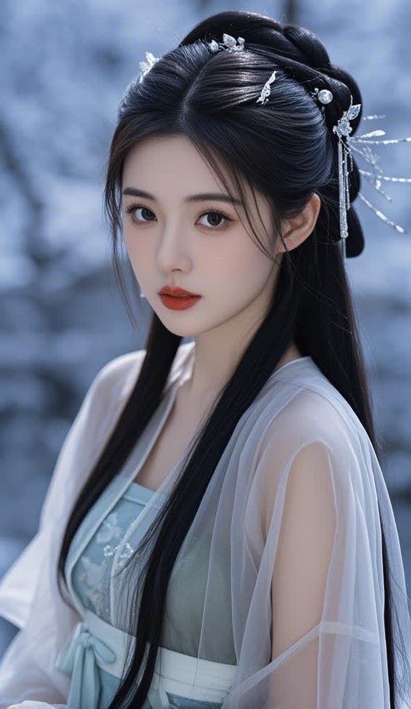 画面中,女子身着淡雅飘逸的古风服饰,浅绿,淡蓝与素白交织,搭配轻盈