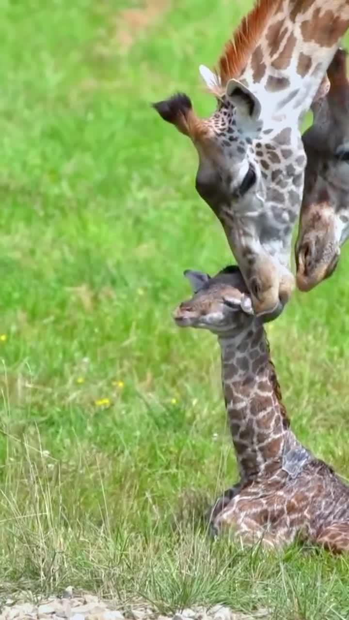 刚出生几个小时的长颈鹿幼崽,可爱呆萌,尝试着想让自己站起来