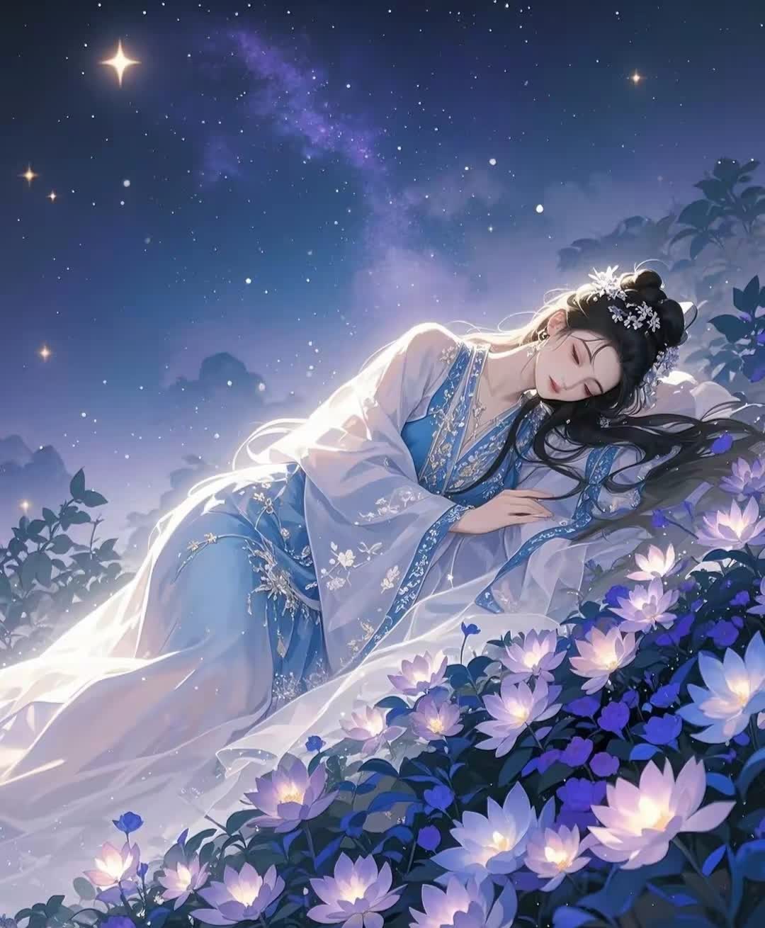 古风插画睡美人/醉后不知天在水,满船清梦压星河