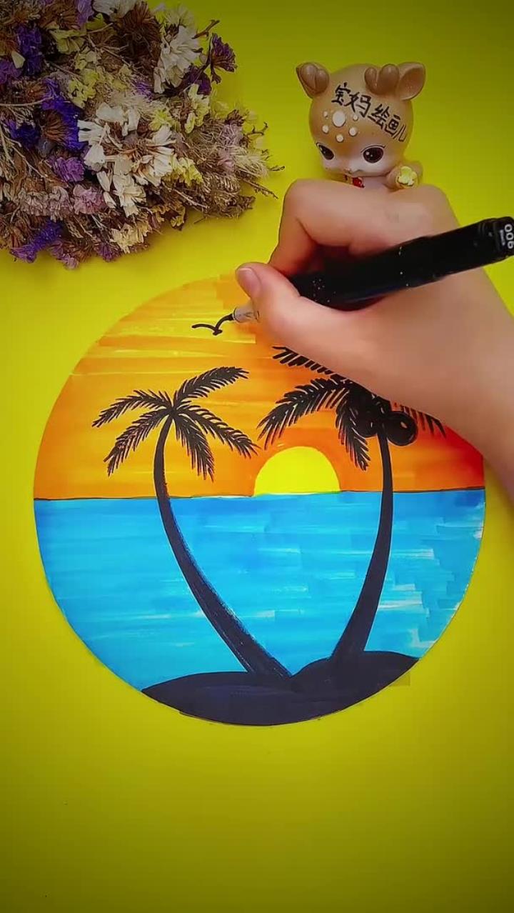 马克笔画:夕阳下的椰子树