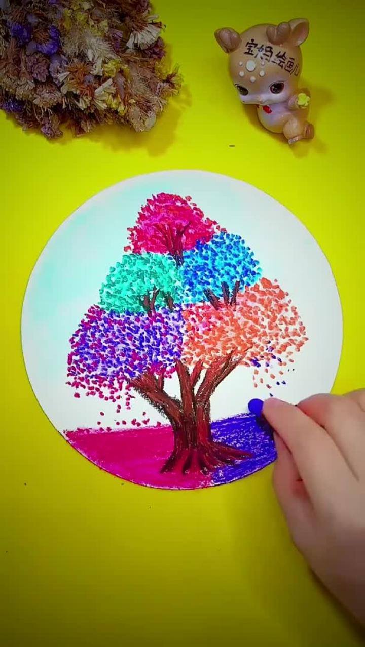 油画棒涂一涂再点点点画春天的五彩大树