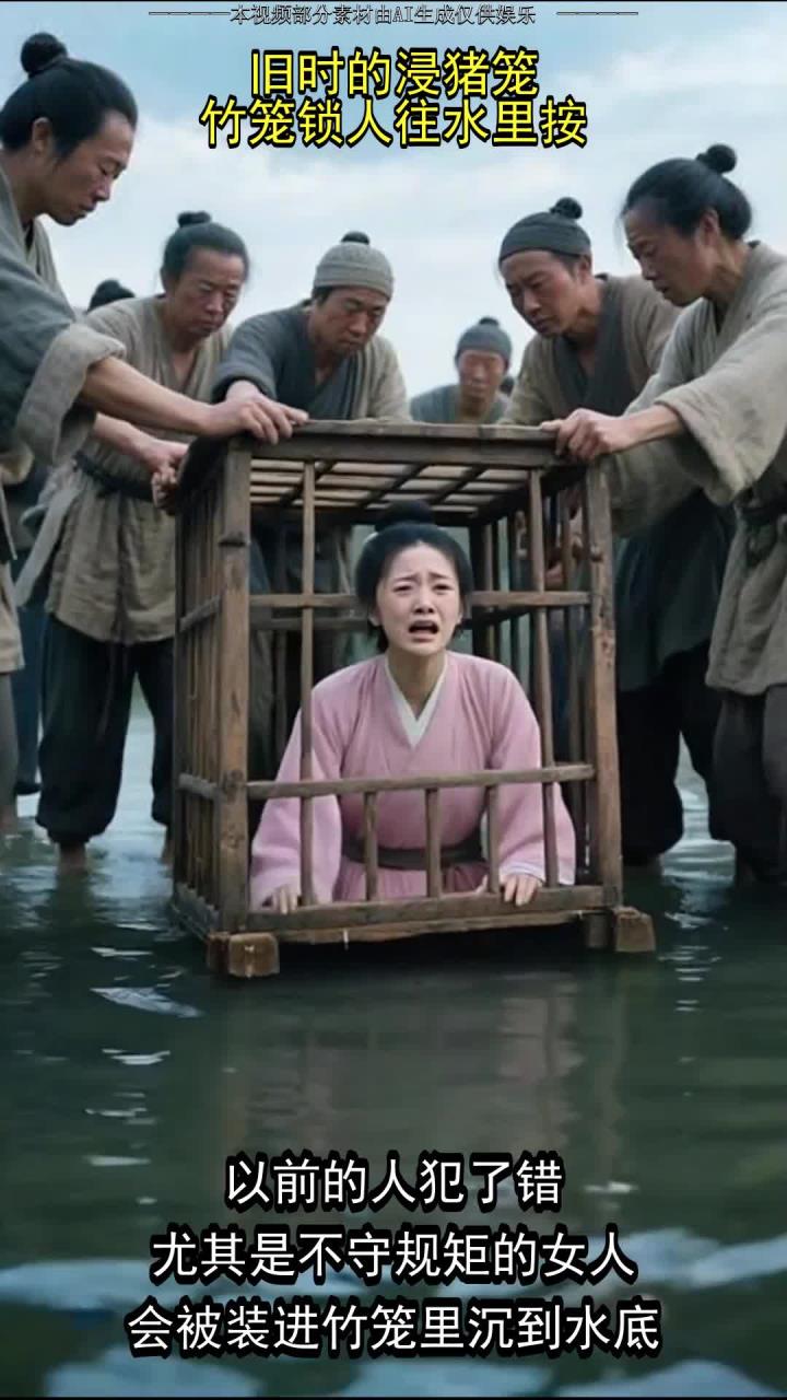 旧时的浸猪笼,竹笼锁人往水里按