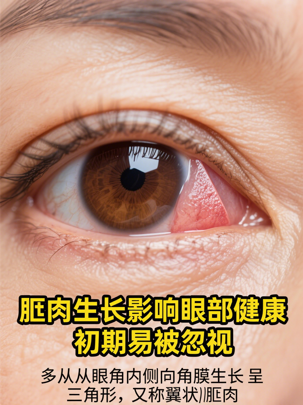 胬肉通常是指眼球结膜增生形成的凸起肉状物,多从眼角向角膜生长,常见