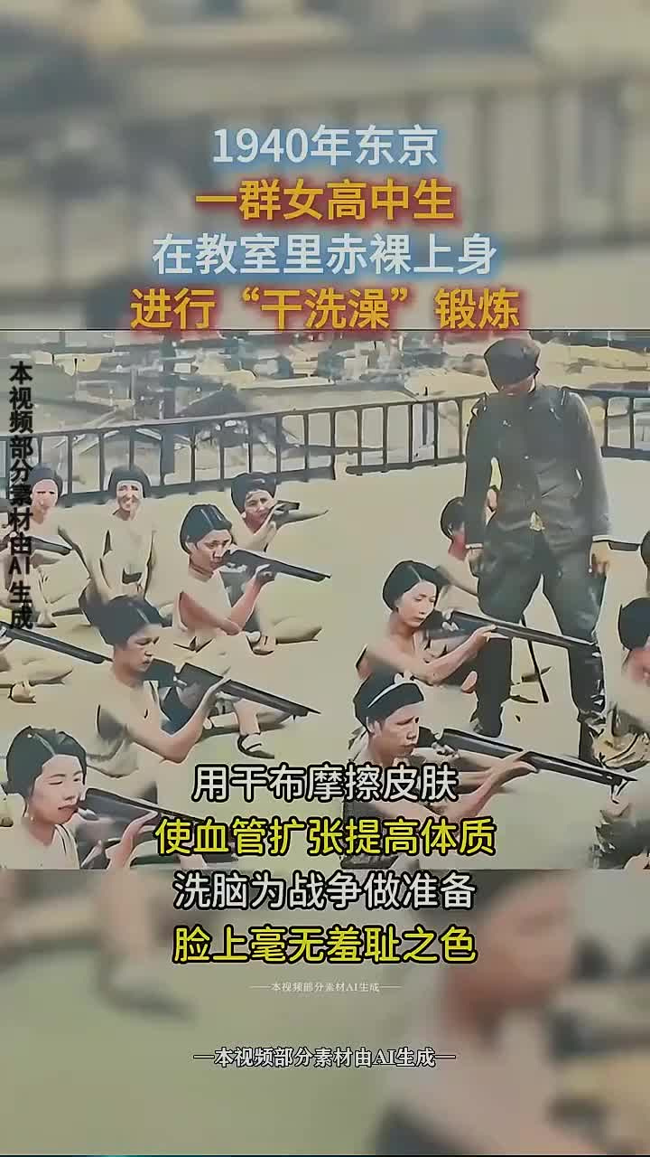1940年东京女高中生,毫无羞耻地赤裸上身进行"干洗澡"锻炼