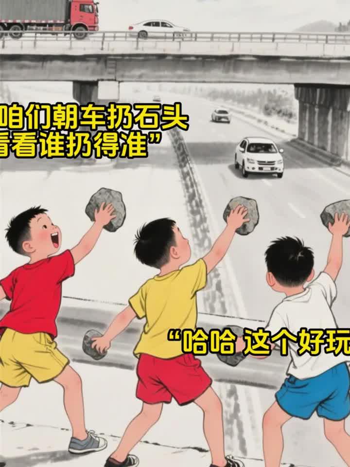 三小孩桥上扔石头,女子被砸s