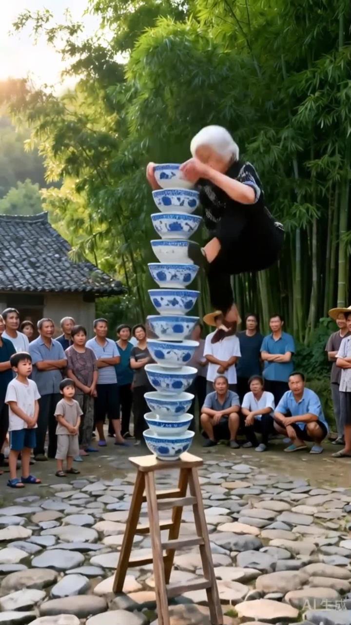 农村大妈表演高难度杂技踩碗空翻