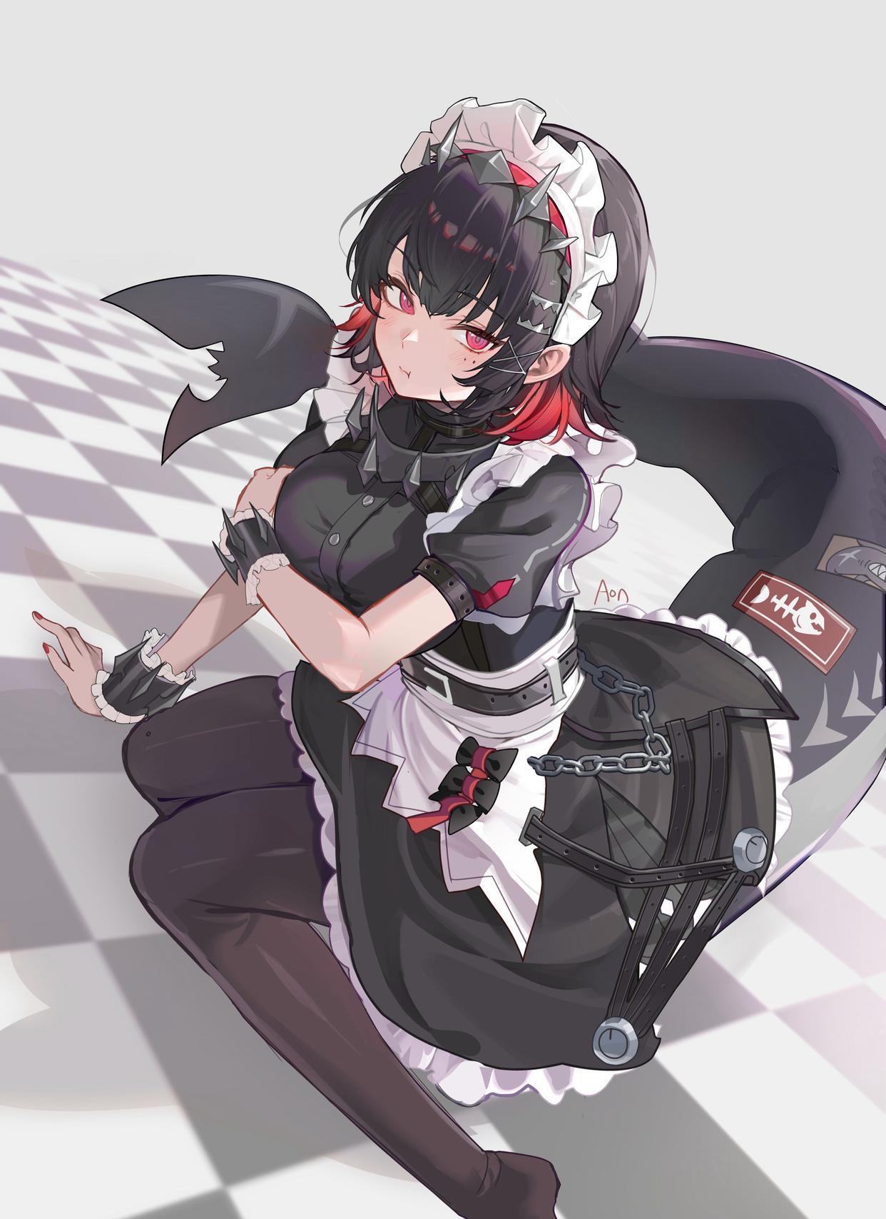 画面中人物大致为年轻女性,身穿哥特风格的女仆装,整体色调以黑白为主