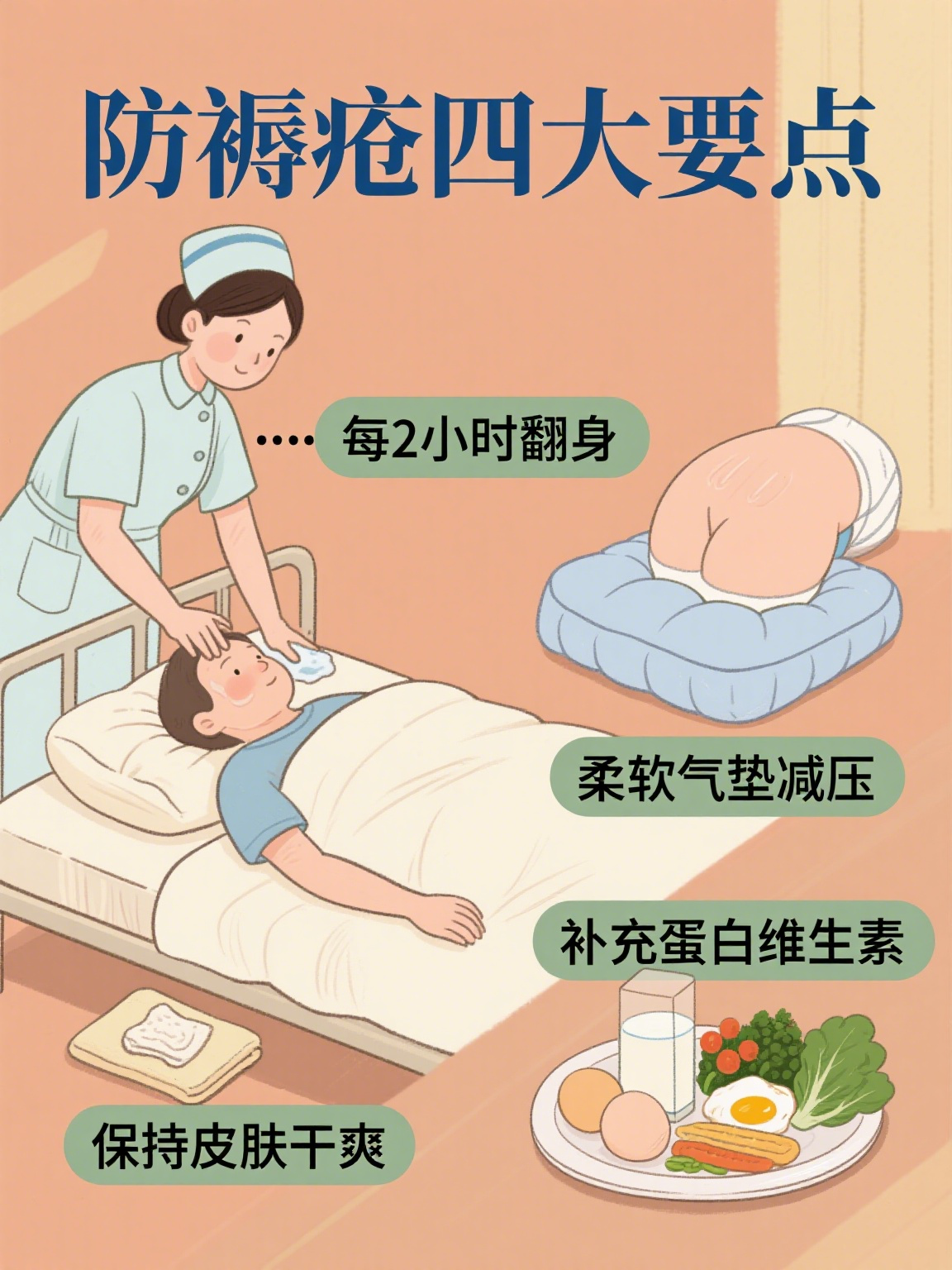 防褥疮  褥疮,又称压疮,是身体局部长期受压,导致血液循环受阻,组织