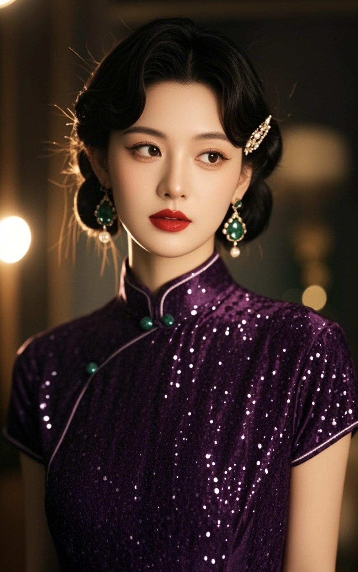 女子穿着一袭紫韵旗袍,如暗夜星辰洒落其上