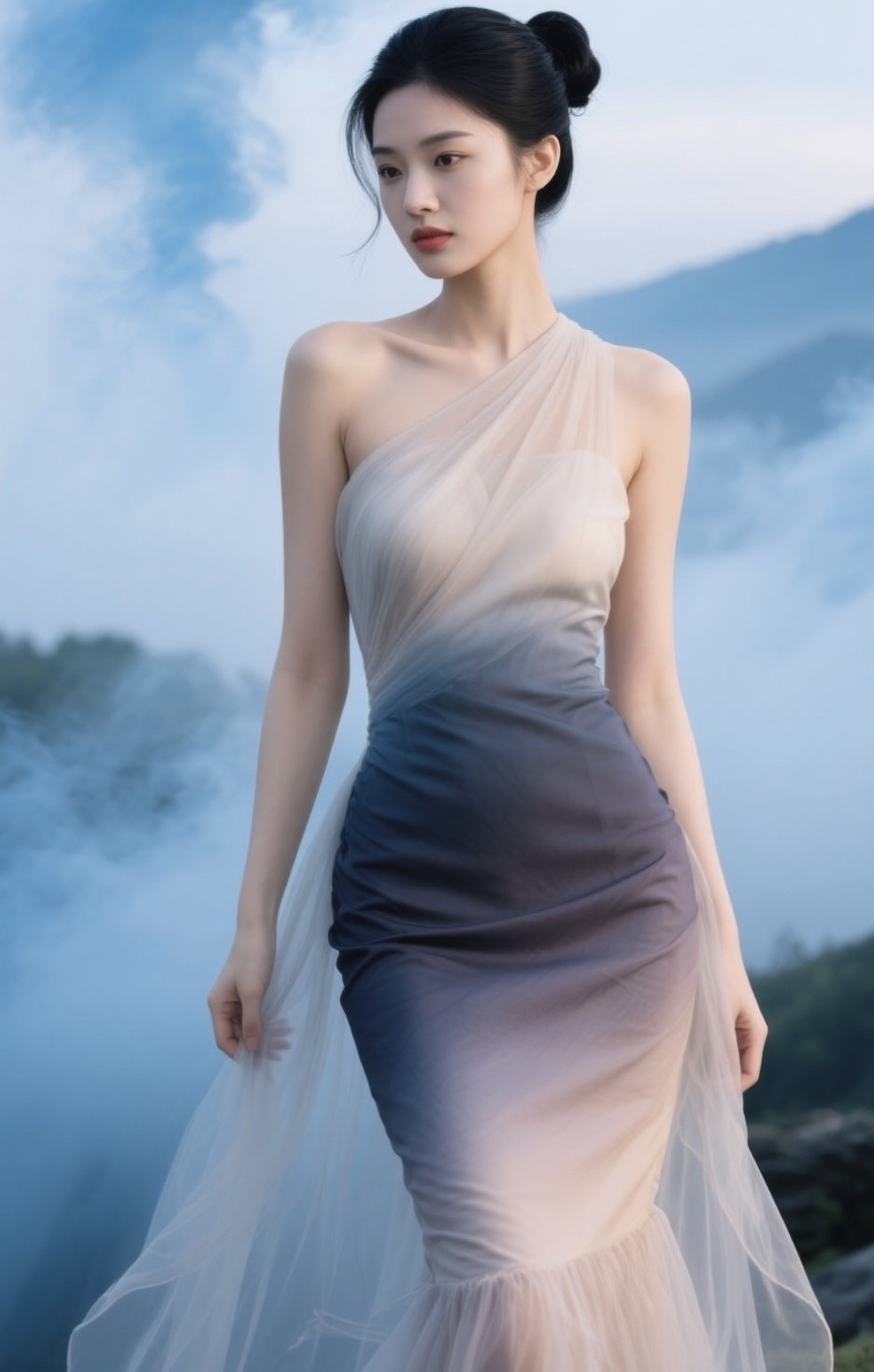 云雾缭绕的山间,女子身着一袭渐变单肩纱裙,似是从缥缈仙境中走来的