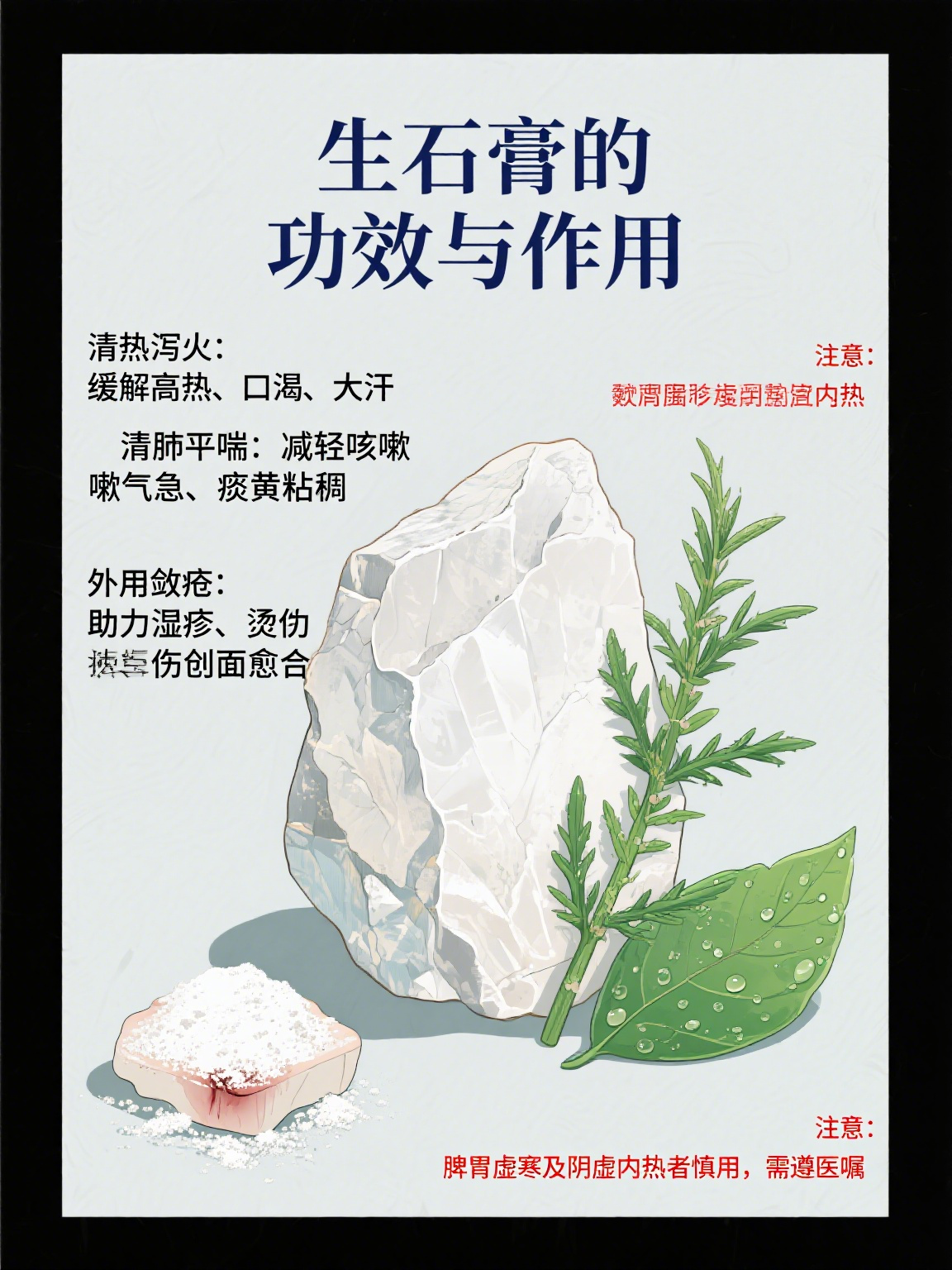 生石膏的功效与作用与主治 生石膏是一味常用的矿物类中药,性寒味辛甘