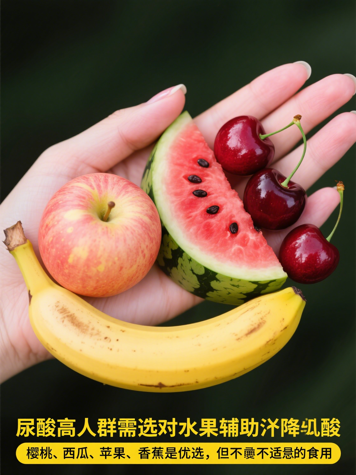 有些水果对降低尿酸水平有一定帮助哦～ 樱桃就是个不错的选择它含有