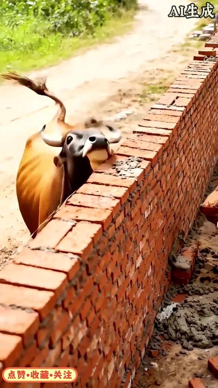 笑不活了,爷爷建的围墙被牛撞倒