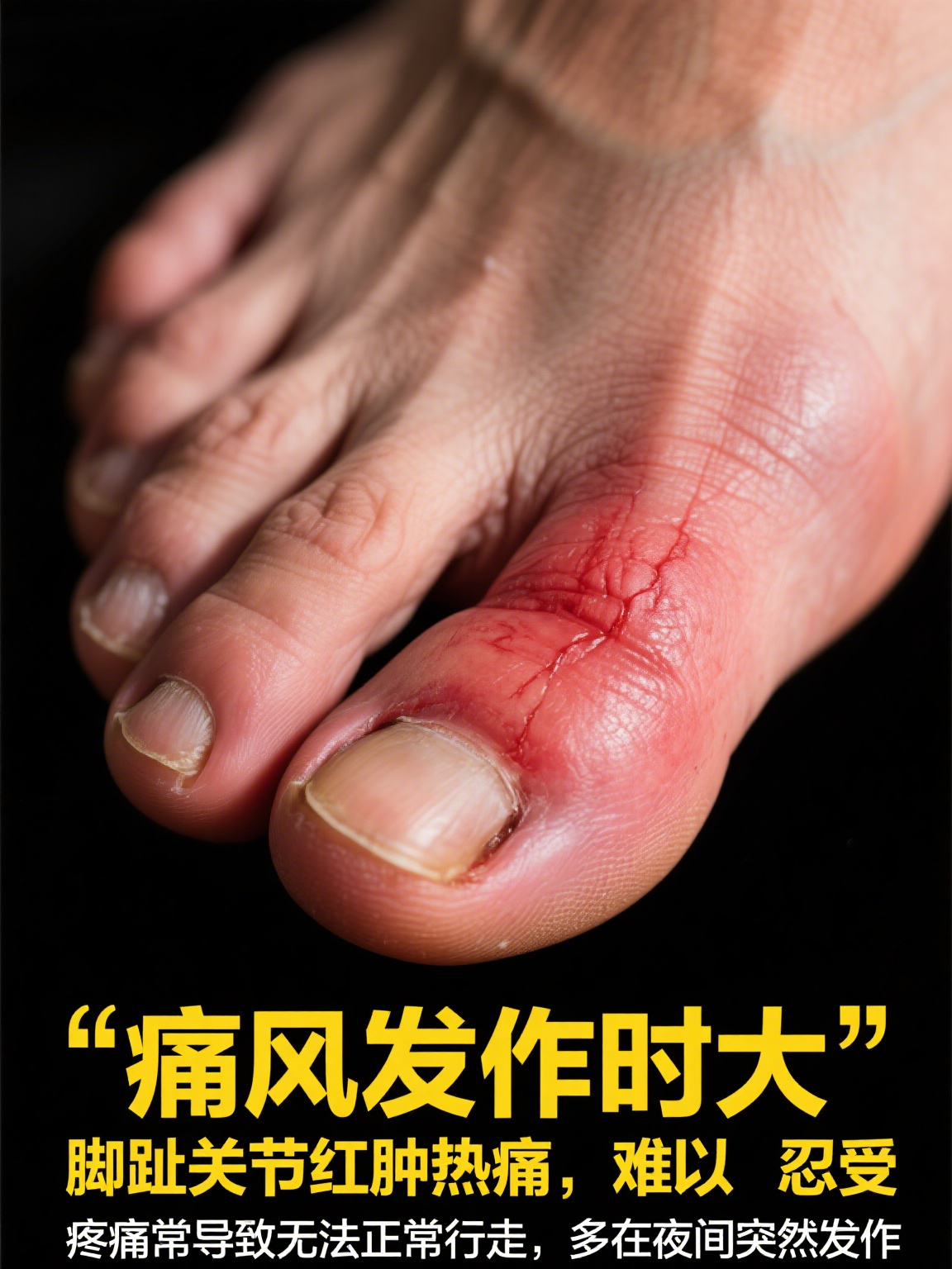 痛风发作往往毫无征兆,多在夜间突然来袭,最常累及大脚趾关节,发
