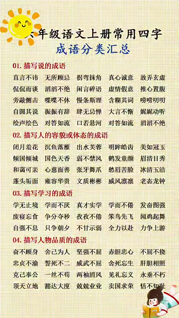 包含六年级语文成语分类汇编（写景/写人）的词条