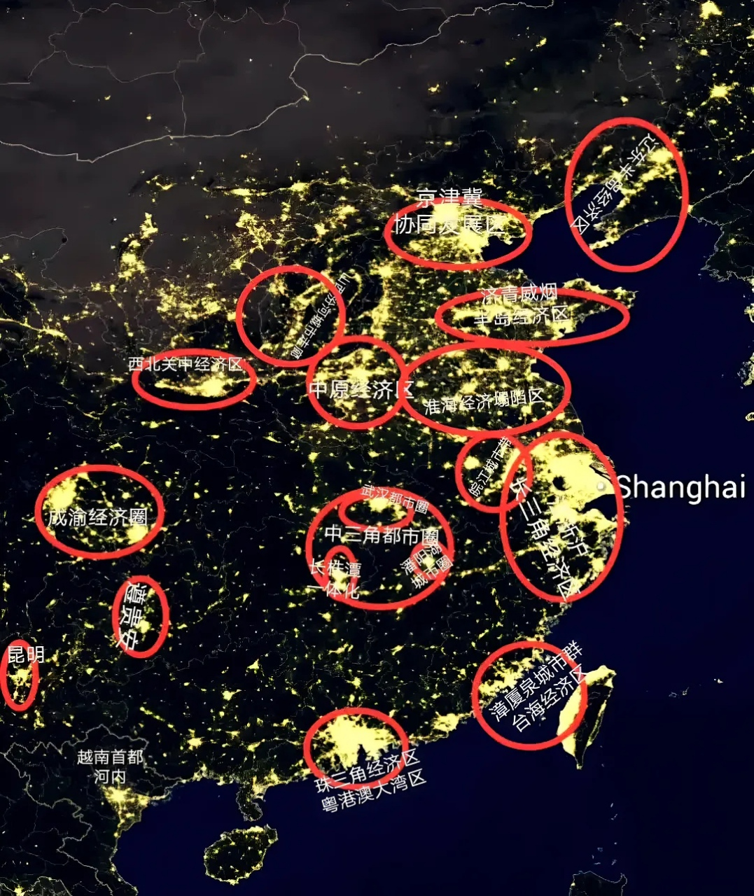 分享一张中国卫星地图提供的城市夜间灯光全景图片