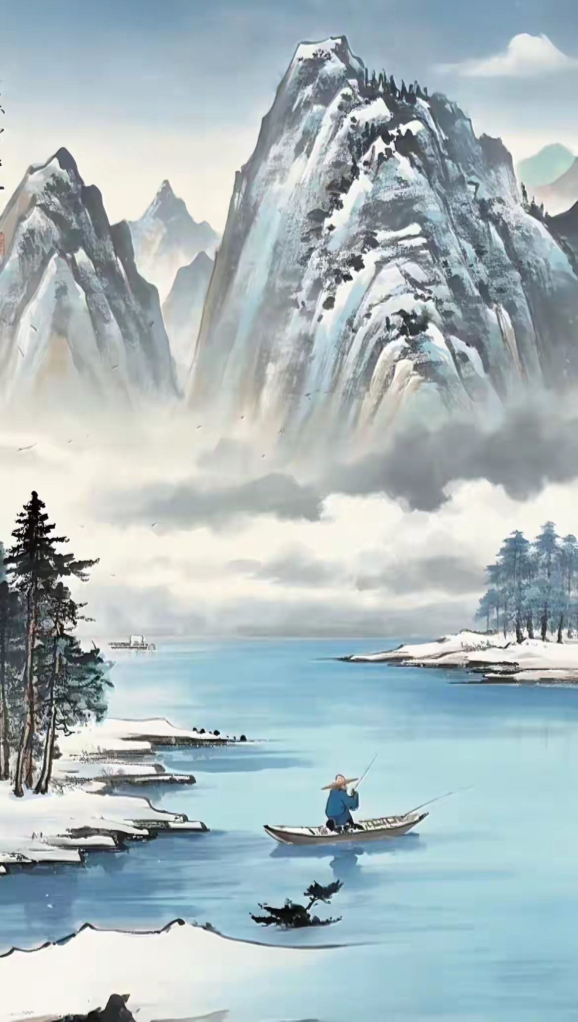 江渚上图片独钓寒江雪山水画清风明月近水远山配国画图画面简单清雅