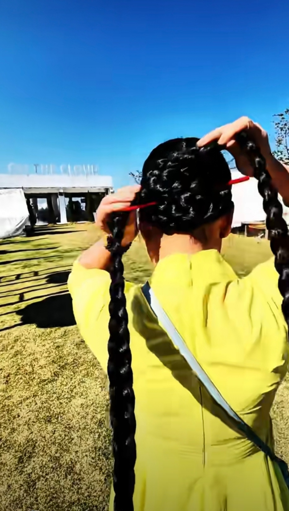 蓝天,绿草为背景,长发之美尽情展现,独特造型