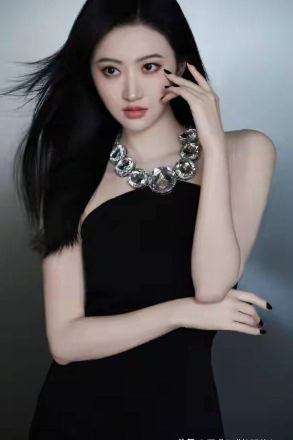 景甜身着一袭黑色紧身连衣裙,剪裁贴身勾勒出曼妙曲线