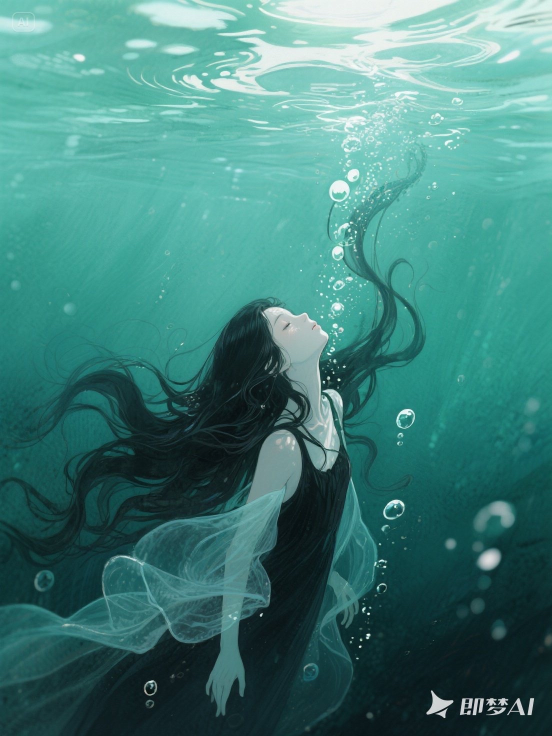 生成词分享:水彩插画,墨绿色水下背景,黑色松散披发绝美清冷少女坠落
