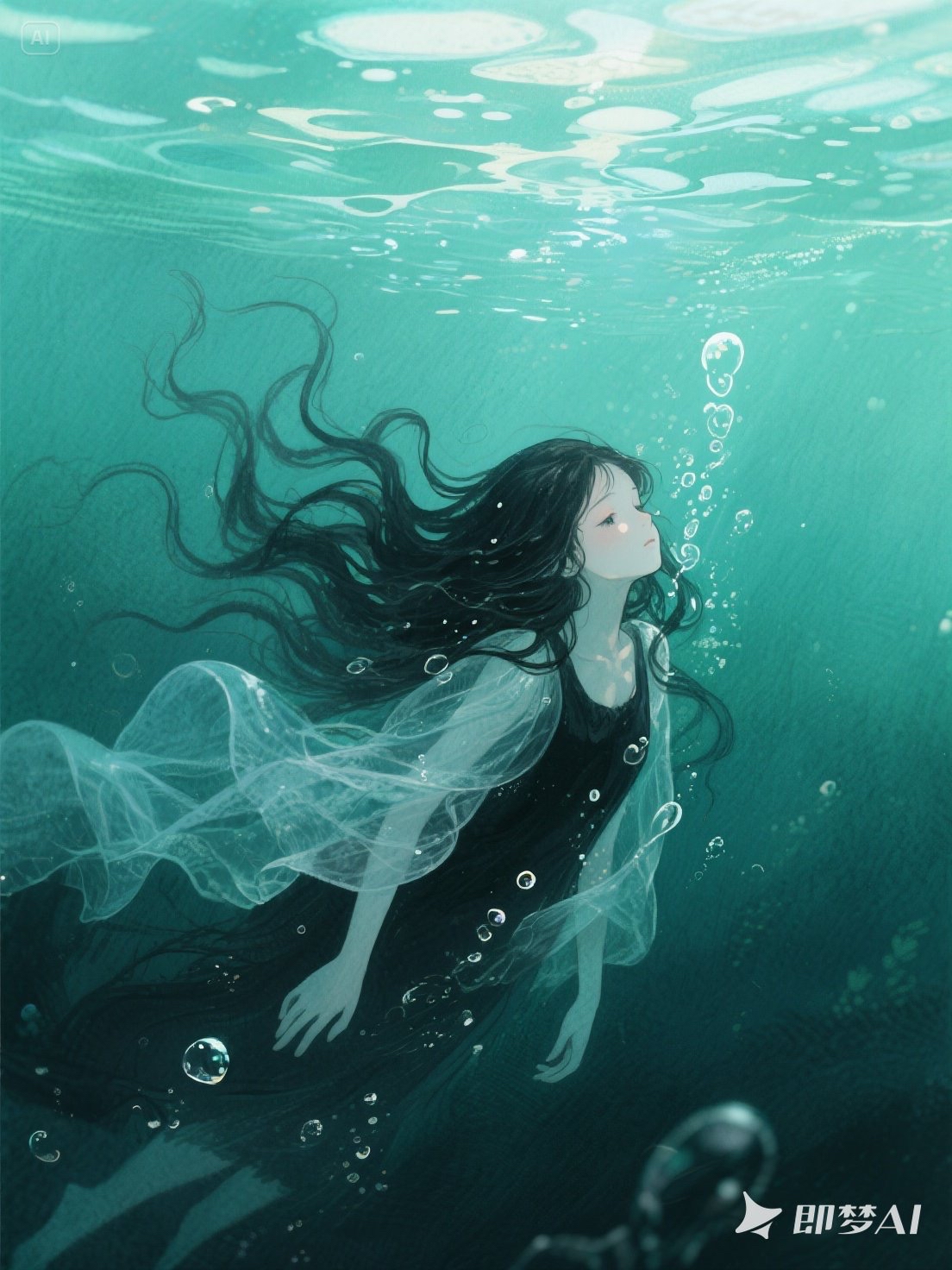 人插画落水动漫美图人在湖泊中的图片二次元跌入深海图片湖底高清壁纸