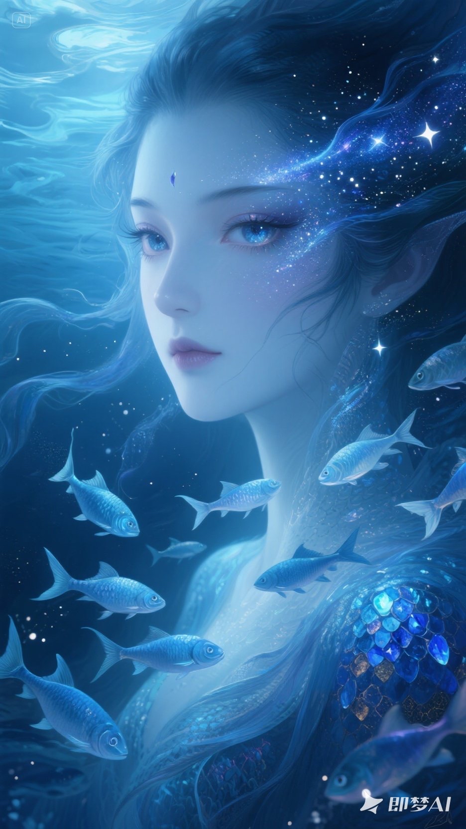 生成词分享:帮我生成一张鲛人图片,星河灿烂的眼眸,从眉眼间飘过行云