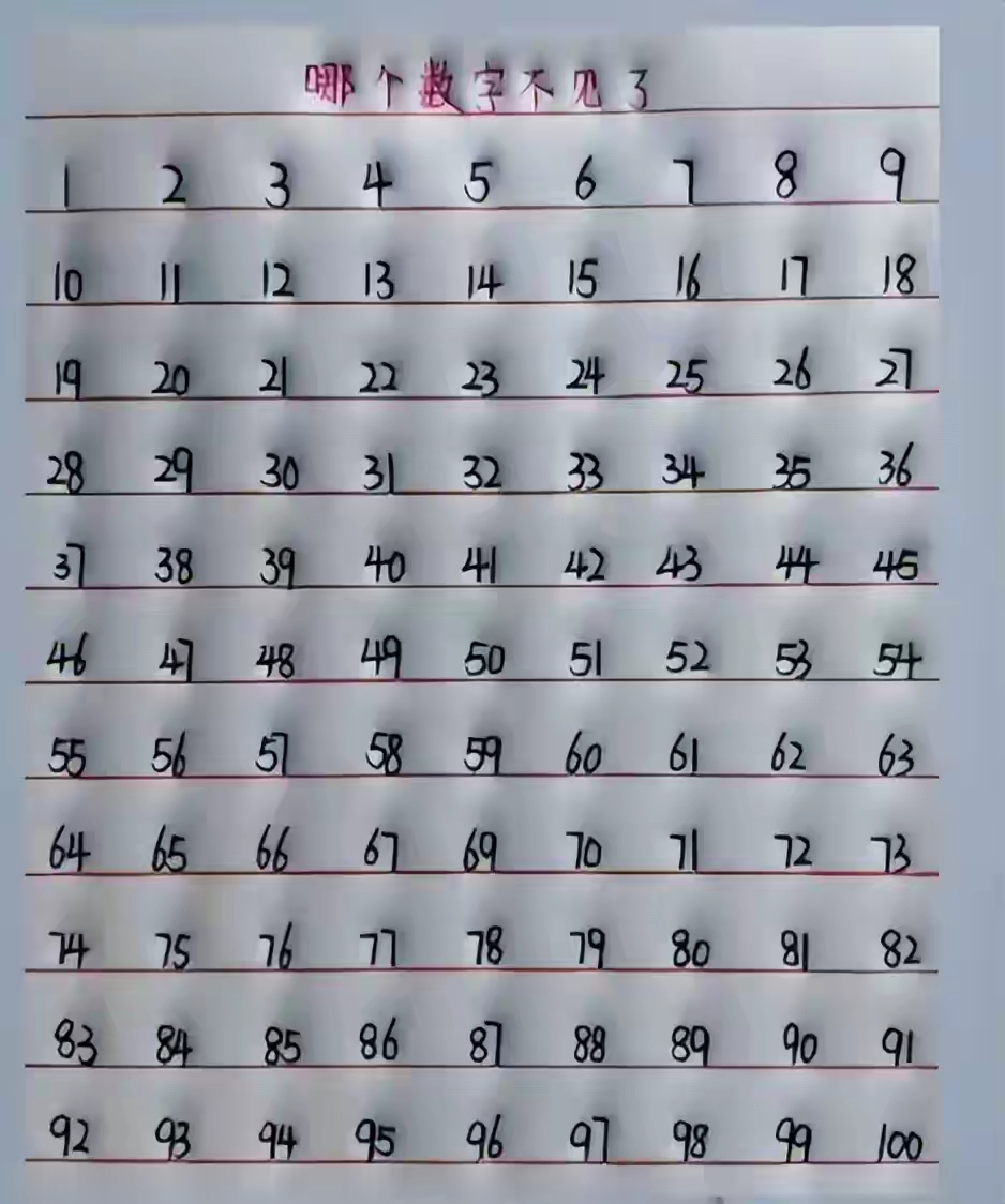 下面是我写到纸上的数字,每行9个,总共有十一行,所以总数是九十九个