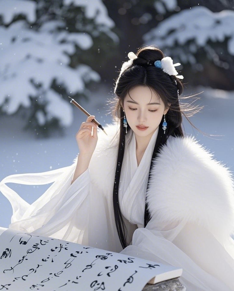 古代书法美女2:雪地间的优雅倩影 雪韵古风:白衣女子在雪境中的诗意