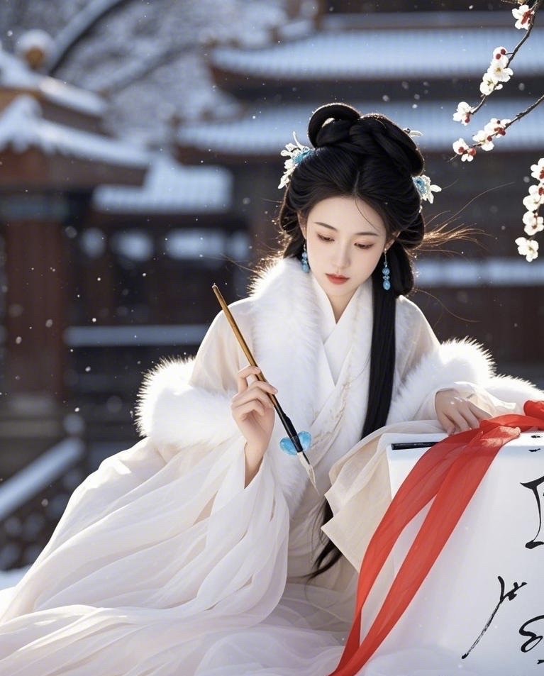 古代书法美女2:雪地间的优雅倩影 雪韵古风:白衣女子在雪境中的诗意