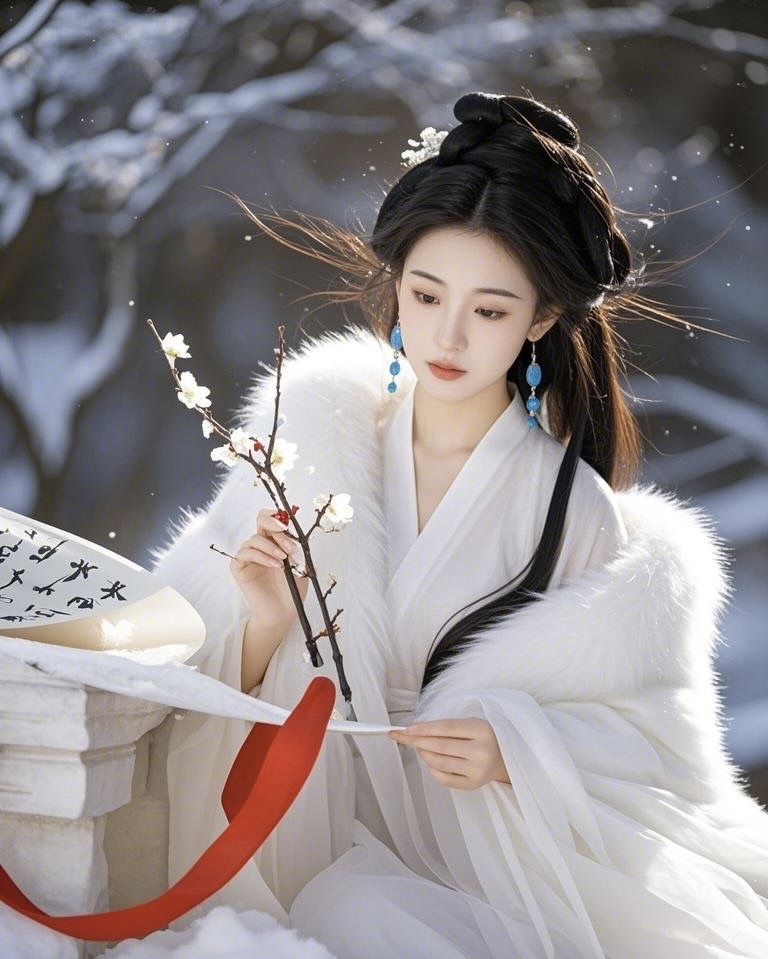 古代书法美女1:雪地间的优雅倩影 雪韵古风:白衣女子在雪境中的诗意